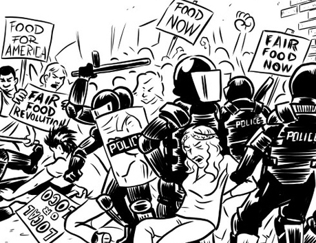 An illustration from the foodcrisis graphic novel of people rioting over low food